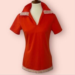 Vintage 1970s Bright Red-Orange Short Sleeve Top with Embroidered Trim *
